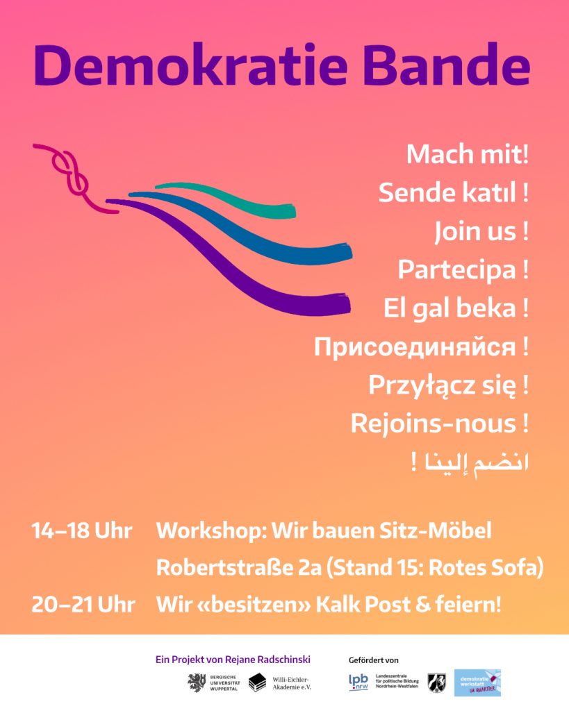 Programm Demokratie Bande Workshops beim KalkFest am 30. August 2025 in Köln-Kalk